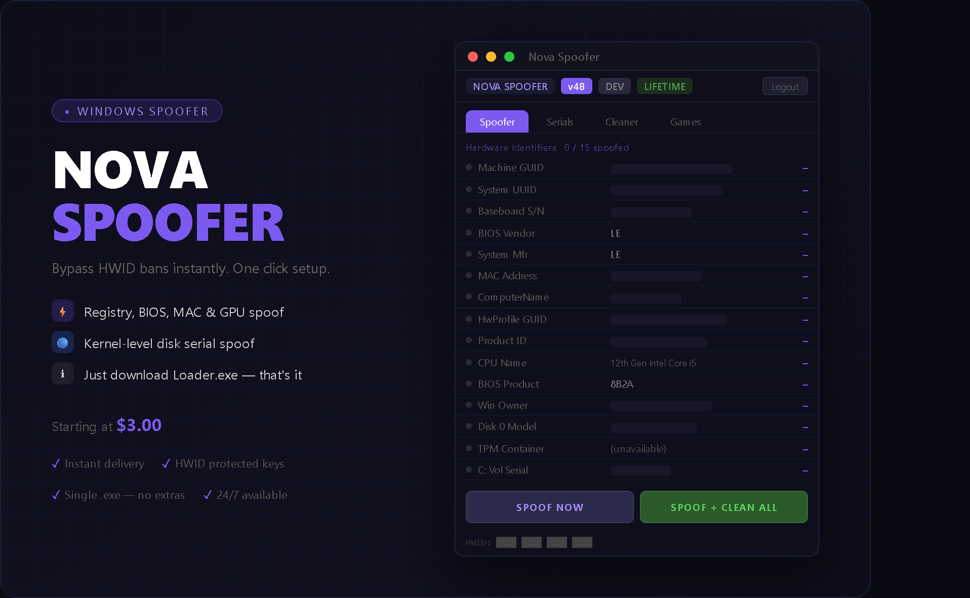 Nova Spoofer interface screenshot