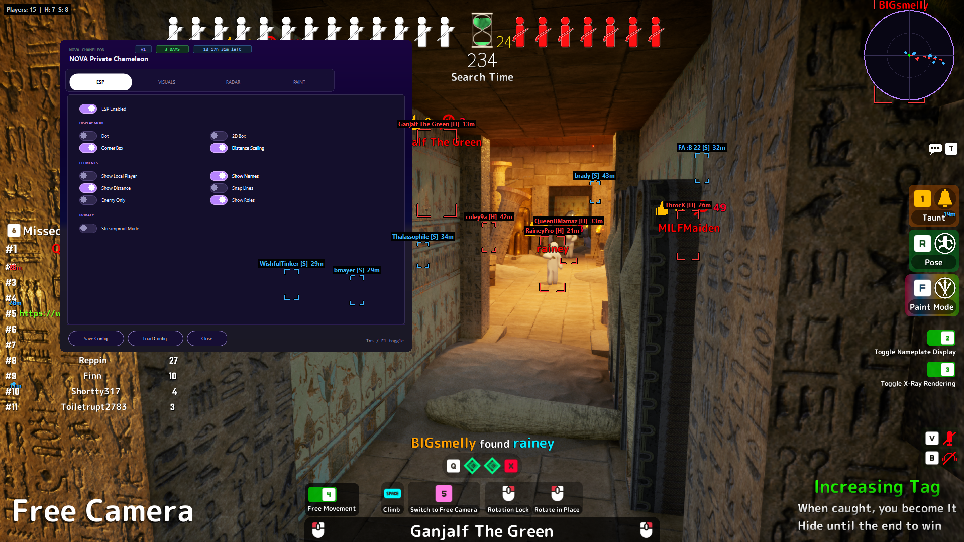 Nova Private Chameleon ESP menu and in-game overlay